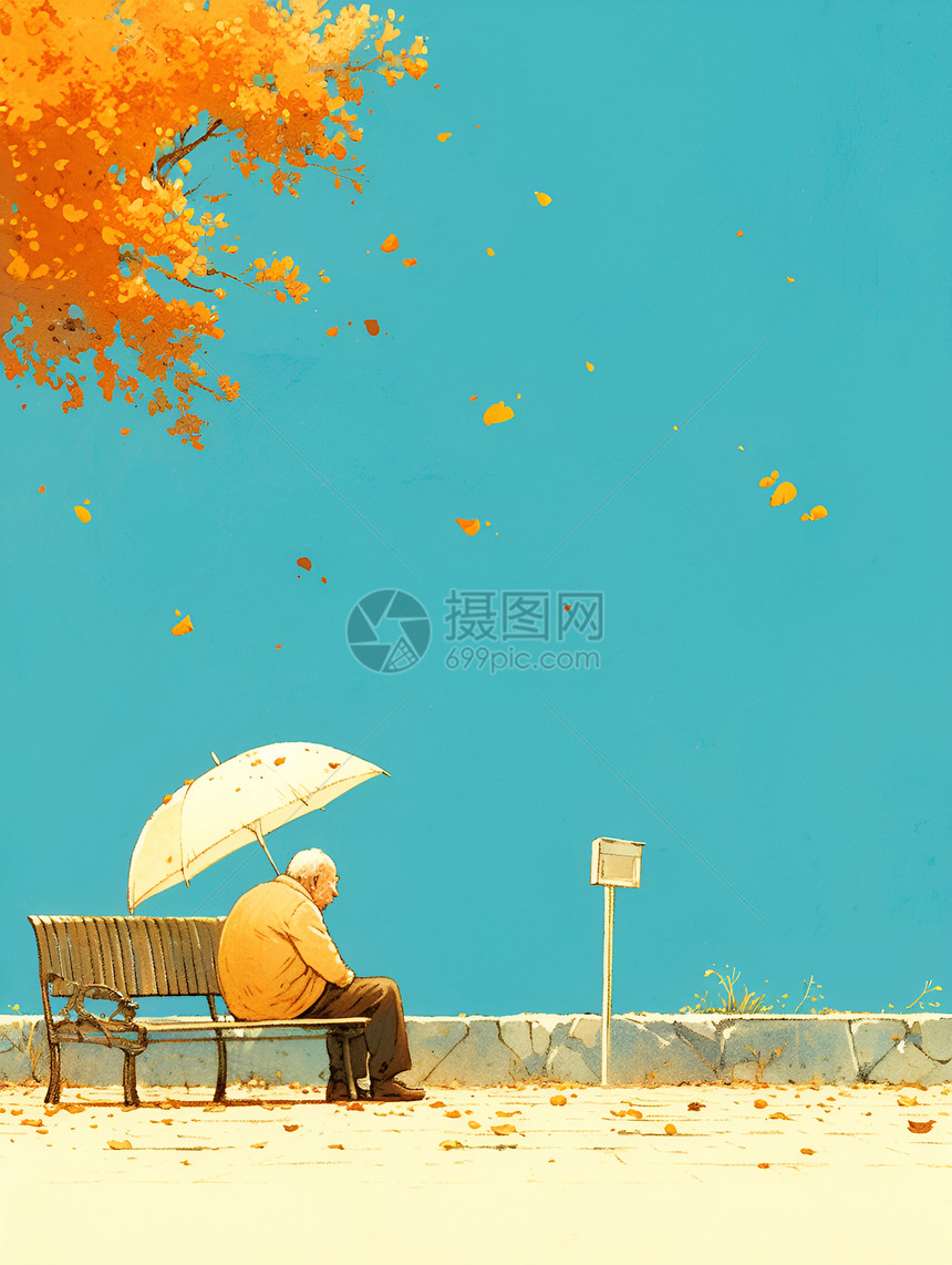 老人撑着白伞坐在长凳上图片