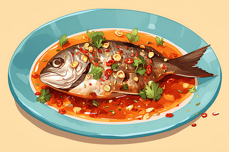 红米椒赤椒蒸鱼美味撩人插画