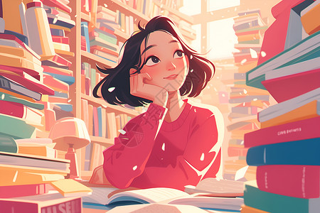 看书女女青年在书店探索插画