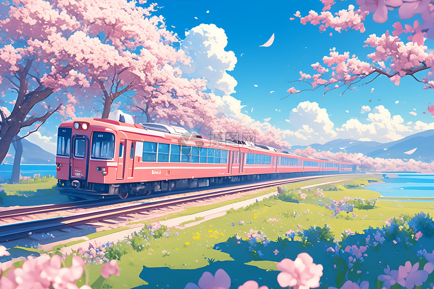 樱树下的列车图片