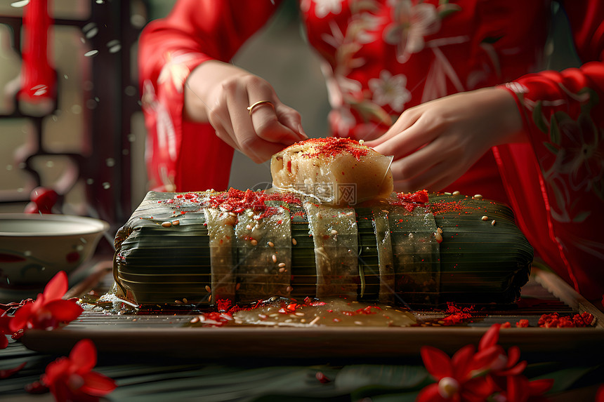 红衣女子吃粽子图片