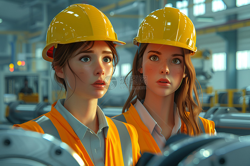 两位女工戴着安全帽图片
