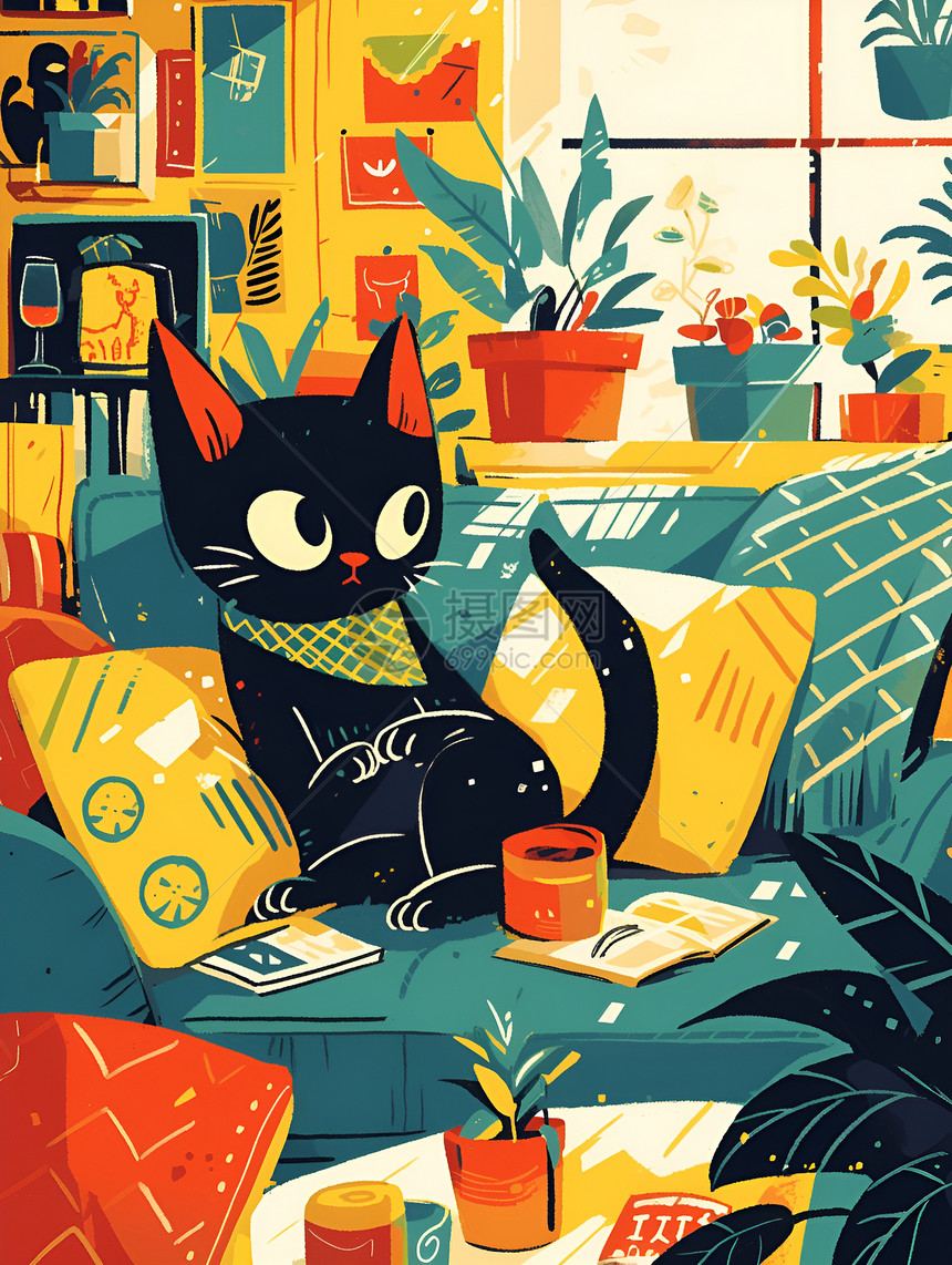 黑猫坐在沙发上图片