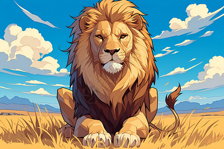 蹲便狮子蹲在草地上插画