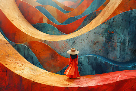 宁红红裙子女子站在红黄墙边插画