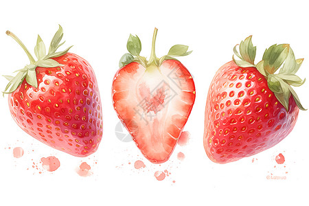 三个草莓在白色背景上排成一行插画