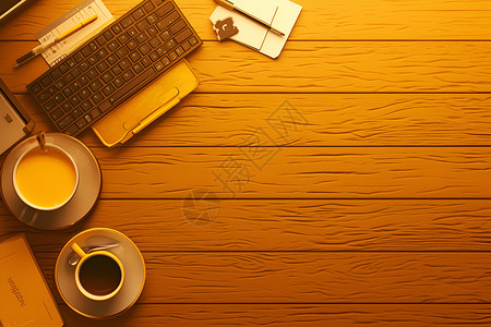 键盘咖啡木桌上的键盘插画