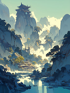 美丽的风景美丽的山脉和河流插画