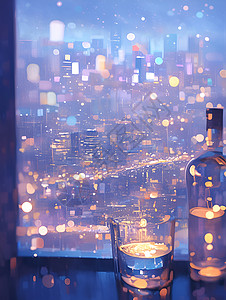 小区景观夜景窗外点点细雨醇香夜景与酒插画