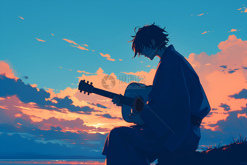 男人在夕阳下弹吉他图片