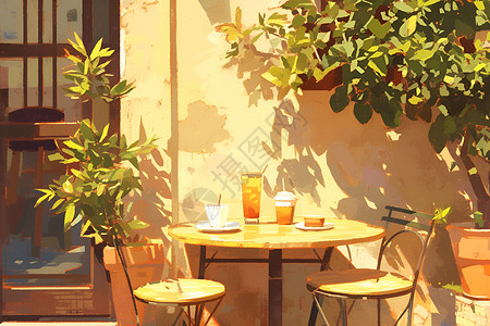 餐桌阳光阳光下的饮品店插画