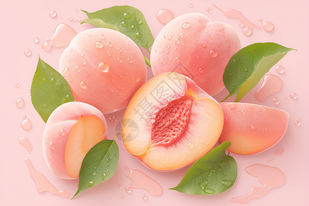 脆皮水蜜桃桃子间的绿叶插画