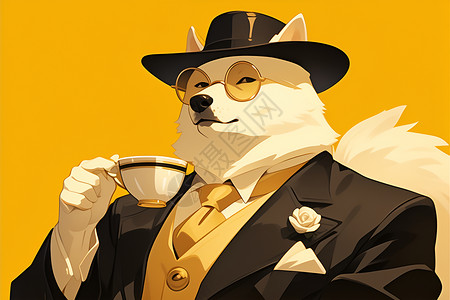 喝咖啡的绅士狗先生插画