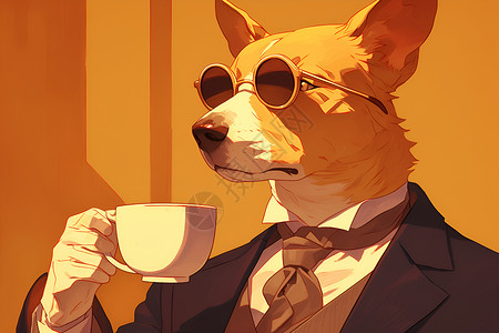 绅士狗喝咖啡的狗先生插画