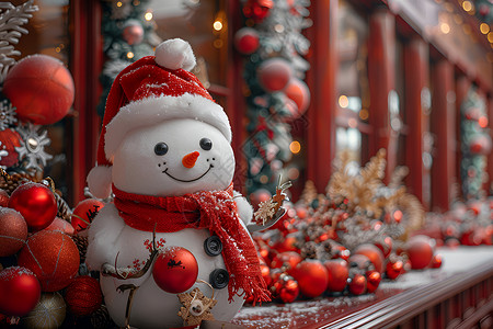 带圣诞帽雪人餐厅雪人装饰背景