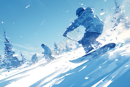 雪地卡丁车雪山上滑雪的人插画
