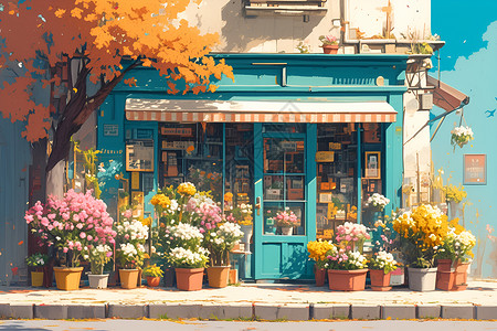 盆栽鲜花街上的花店插画