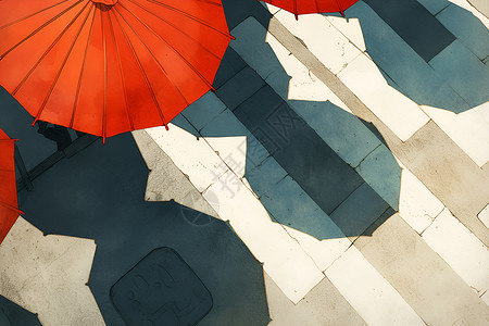 反光地面打伞的行人插画