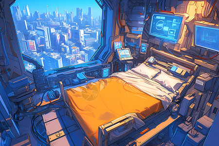 3d全息投影飞船里的床插画