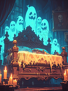 床周围有蜡烛和骷髅背景图片
