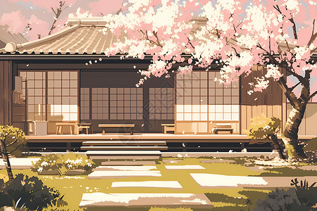 樱花和日式庭院传统日式房屋插画