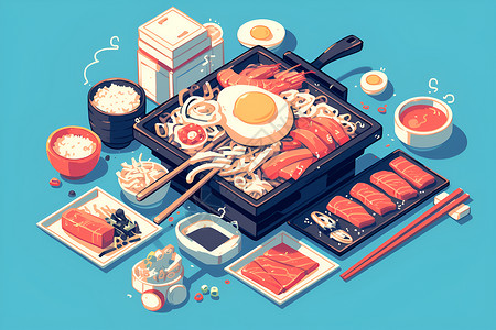 碗筷子韩式的烧烤插画