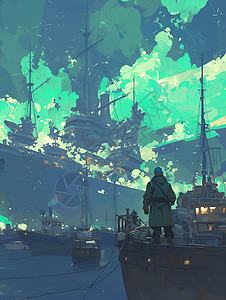 帆船港口雾霭港口中的舰船插画