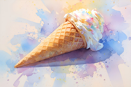 脆皮甜筒冰淇淋的水彩画插画