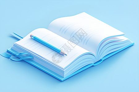 蓝色纸质背景蓝色笔记本上的笔插画