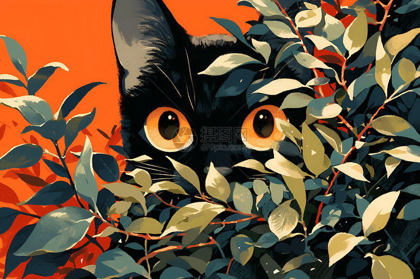 黑猫在树叶丛中图片