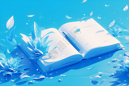 蓝色纸质背景蓝色的笔记本和花朵插画