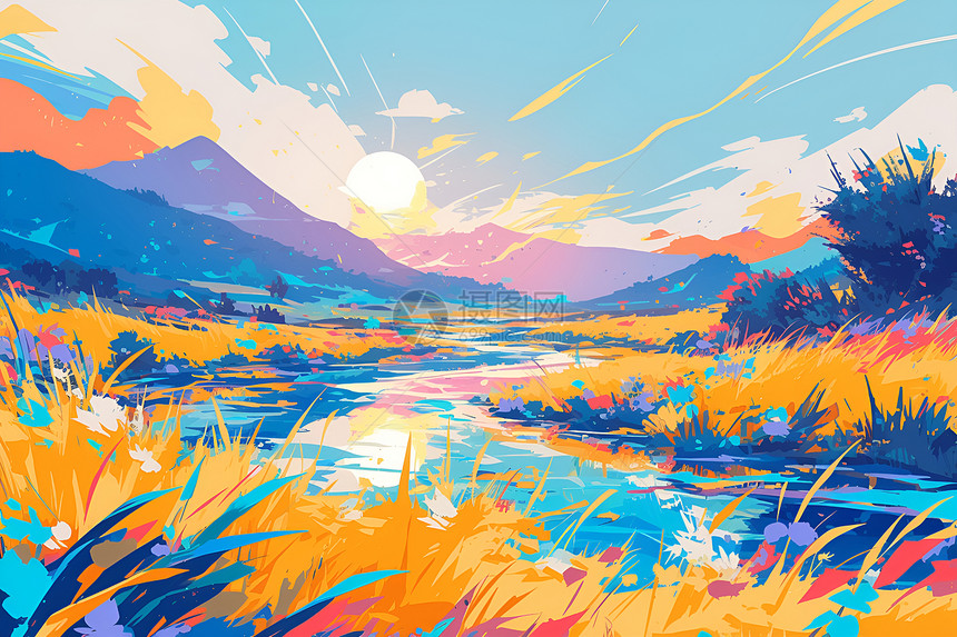 色彩鲜艳的河流两岸图片
