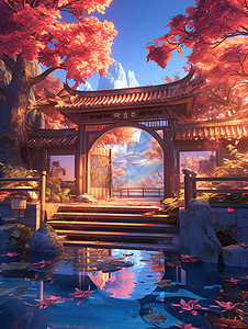 龙年大吉拱门池塘边的拱门插画