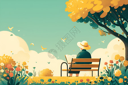 公园椅子素材老人坐在公园的木椅上插画