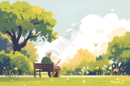 公园椅子素材老人坐在的木椅上插画