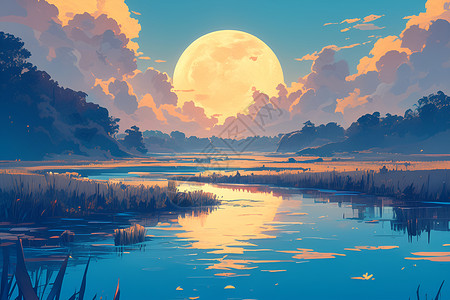 皎洁的月亮皎洁月光下的河流插画