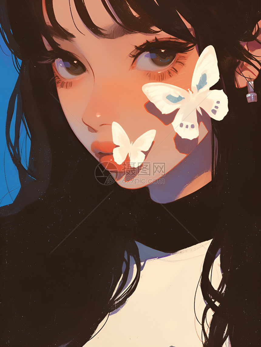 少女脸上的白蝴蝶图片