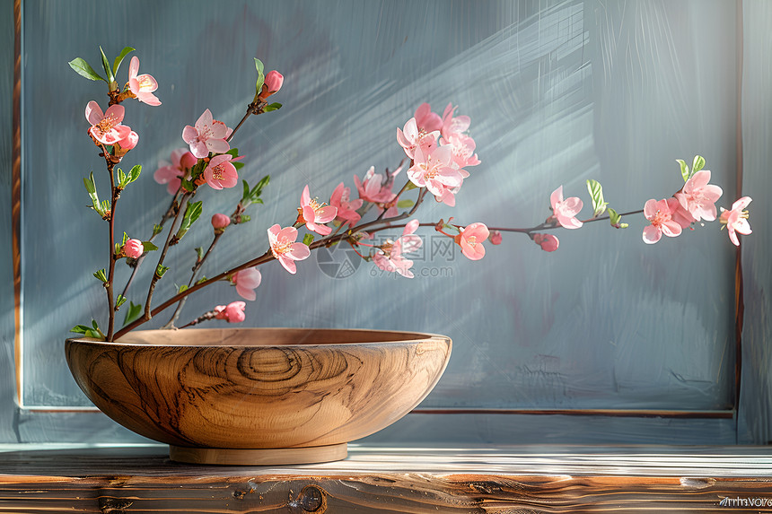 桌上的木碗和桃花图片