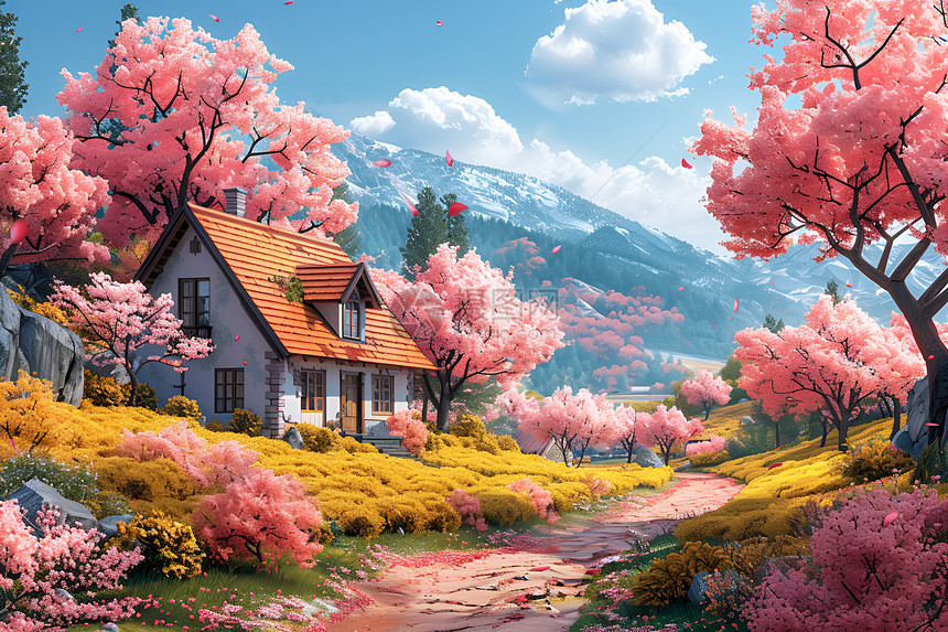 桃花村落的美丽风景图片