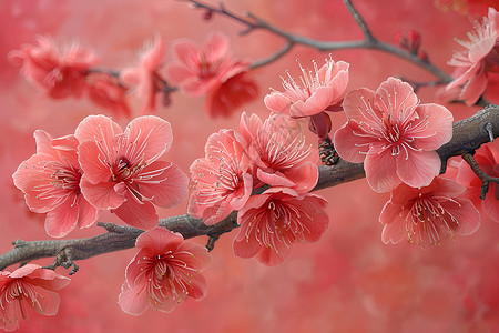 粉红色桃花枝粉色花朵的盛开之美插画