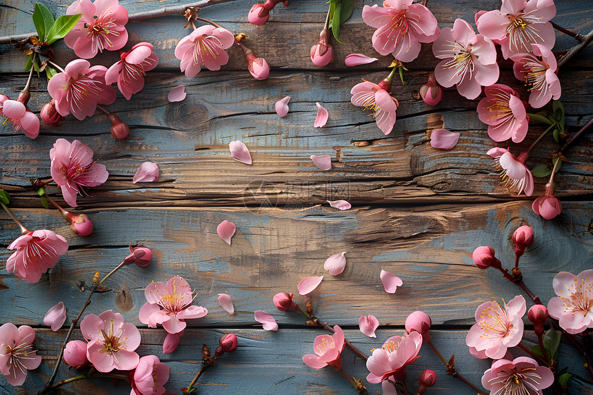 木质桌面上的粉色花瓣图片