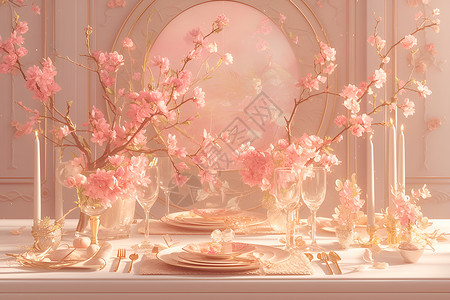 桃花点缀雅致的餐厅桌面插画