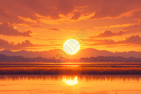落日余晖下的湖泊背景图片