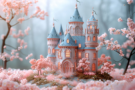 桃花插画立体的城堡建筑物设计图片
