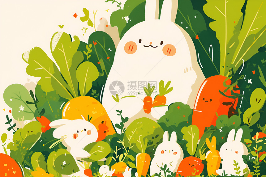 草地上吃萝卜的兔子图片