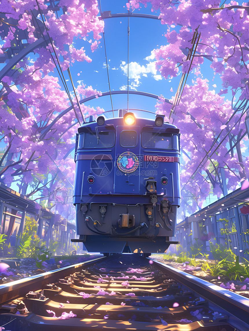 樱花隧道中的火车图片