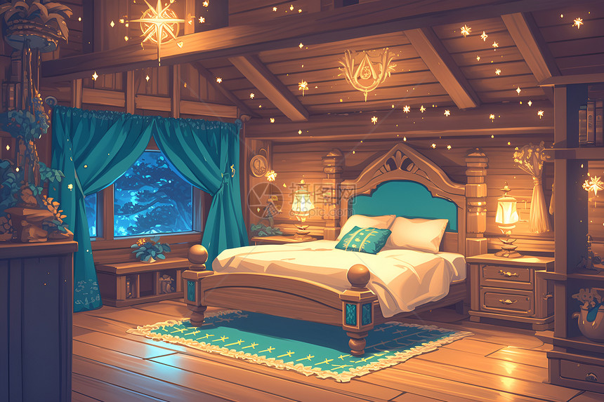 童话小屋中的木床图片