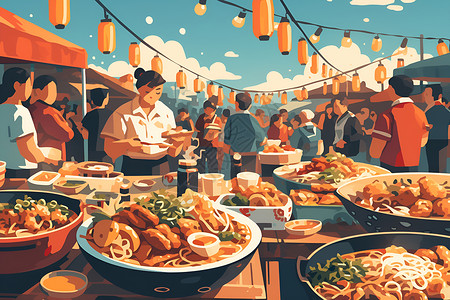 圣米盖尔市场美食热闹集市上的美食插画
