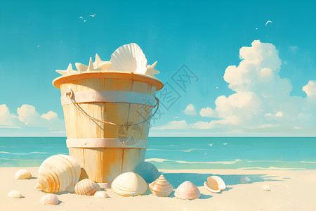 海滩上用木桶收集贝壳背景图片