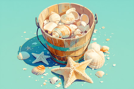 木桶里的贝壳背景图片